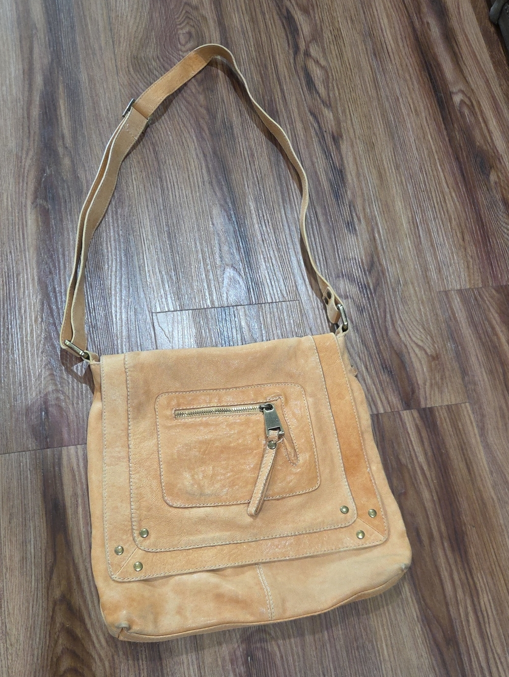 Suede Crossbody Bag in Light Tan with Front Zip Pocket